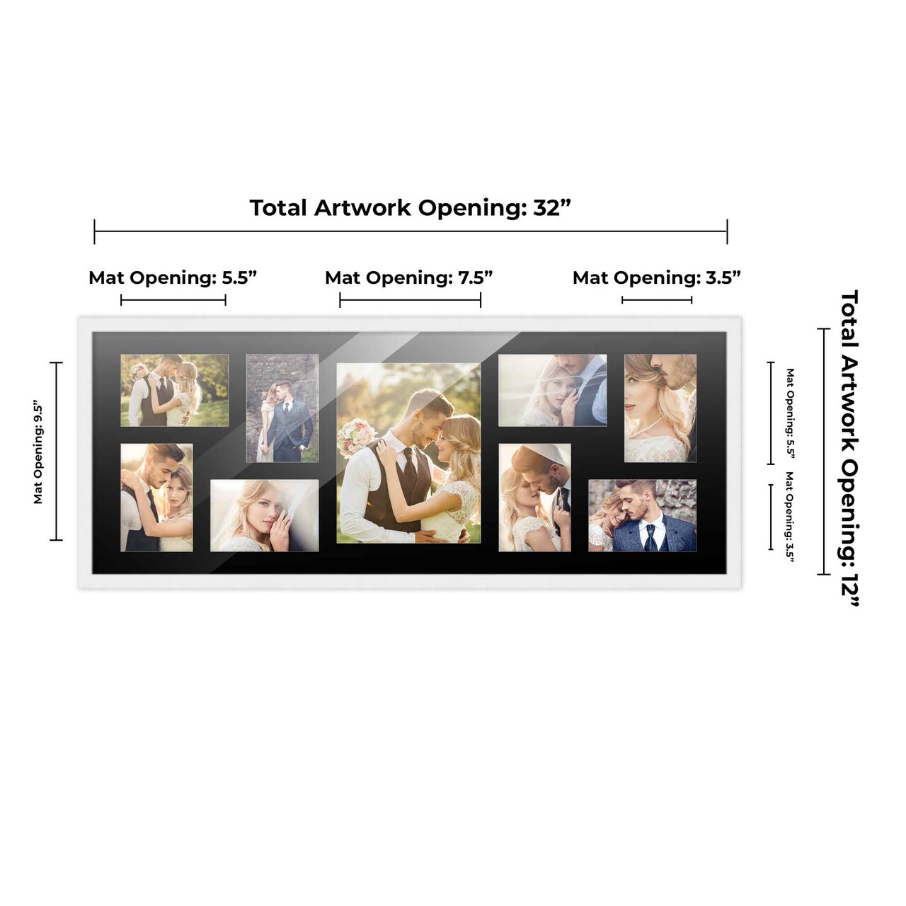 White Finish Collage Frame - Black Mat, 20 Frame Sizes to Choose From, UV Acrylic, Wall Hanging Hardware, Vertical or Horizontal Display